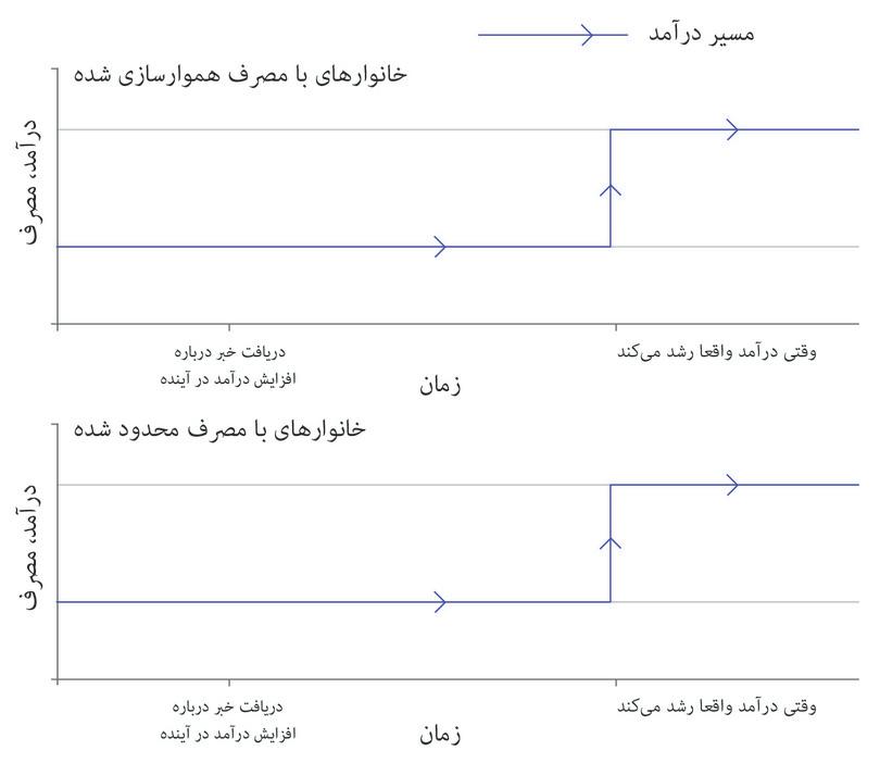 درآمد درطول زمان
: خطوط آبی روی شکل نشان می‌دهند که مسیر درآمدی در طول زمان در هر دو خانوار یکی است.
